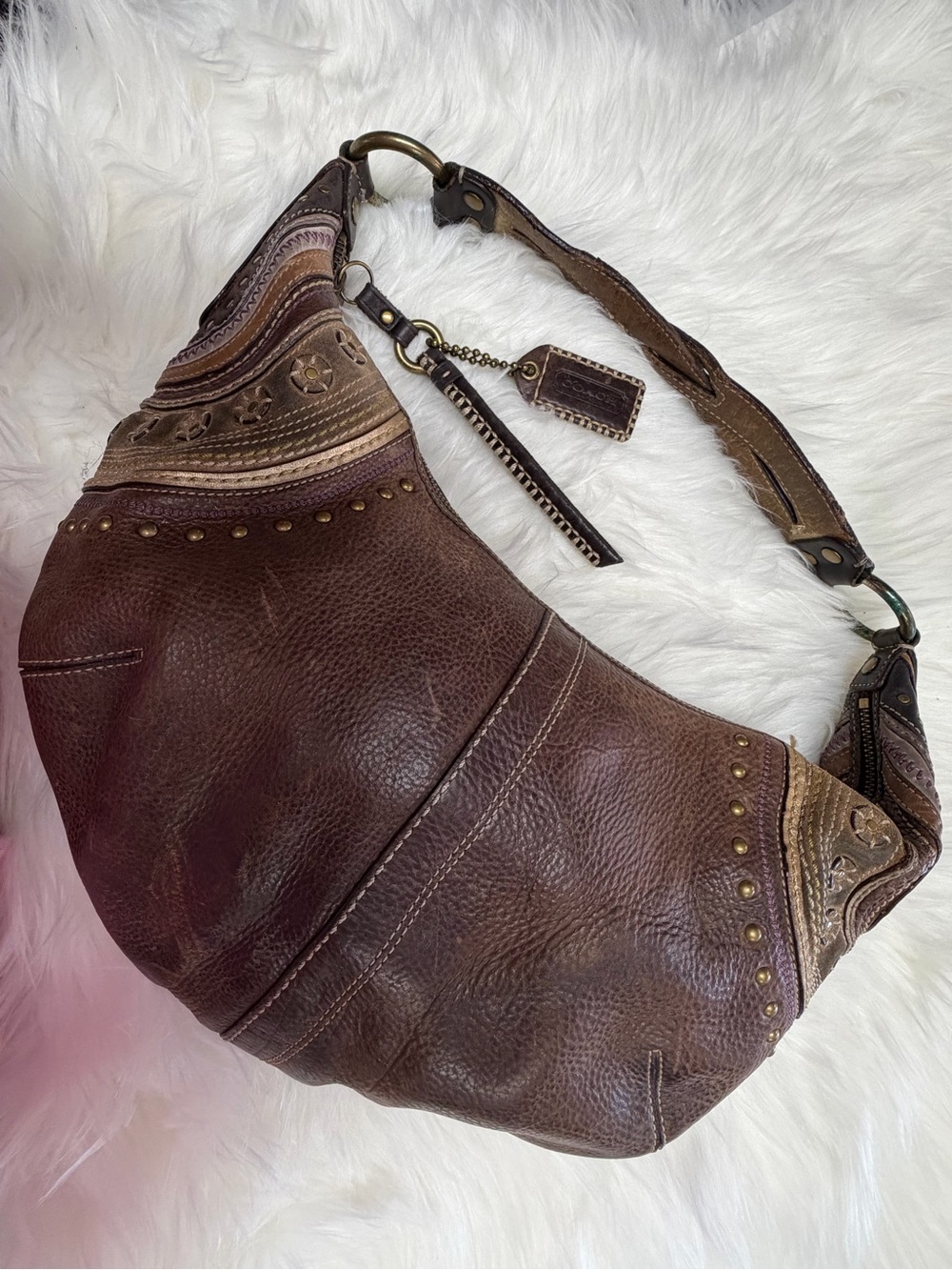 Coach Brown Leather Studded Hobo Bag